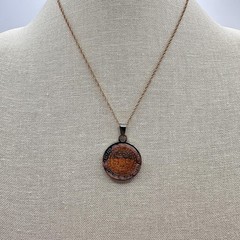 Vintage 90s Aztec Calendar Pendant Necklace Gold Tone Greek Key Border Jewelry