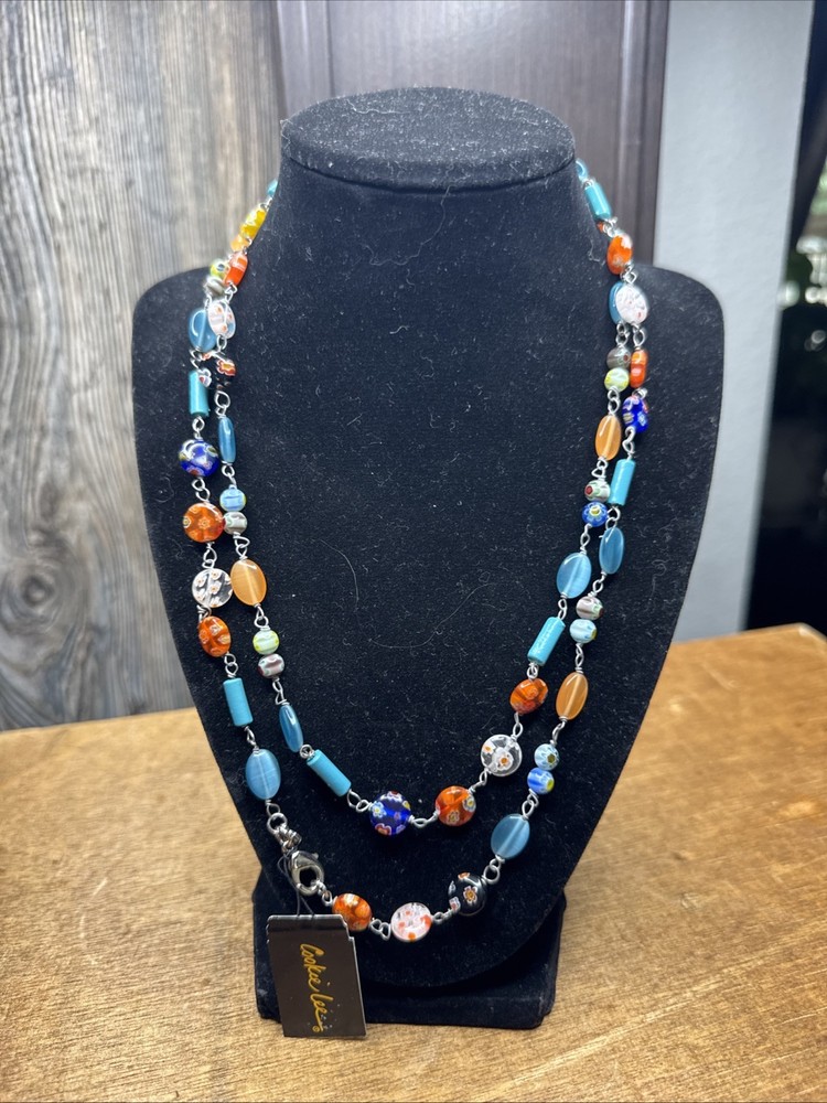 Cookie Lee Millefiori Long Glass Bead Necklace Turquoise Orange