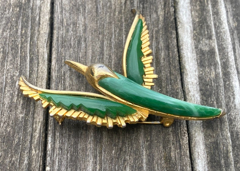 Vintage Rare Enamel French Malachite Metal Gold Plated Bird Pin Brooch