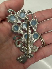 VTG Blue Moonglow Pot Metal Flower Bouquet Brooch Enamel 3″ Rhinestone Art Deco