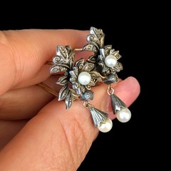 Victorian Portuguese 18K-19k Gold Silver Aljofar Natural Pearl Diamond Earrings