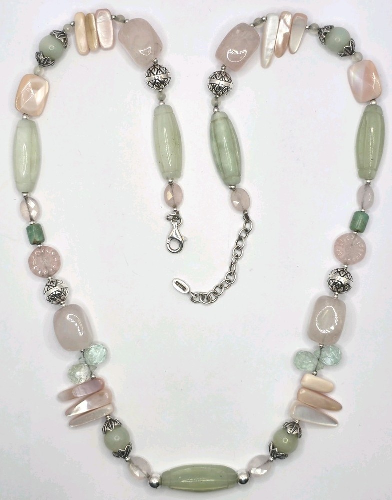 Vintage Barse Sterling 24 Inch And Gemstone Beaded Necklace Rose Quarts MOP Gem