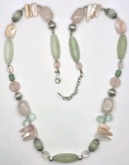Vintage Barse Sterling 24 Inch And Gemstone Beaded Necklace Rose Quarts MOP Gem