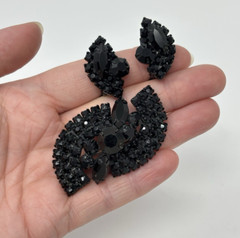 Vintage Estate Jet Black Rhinestone Japanned Pin Earring Jewelry Set