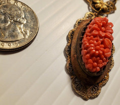 VTG ART DECO Coral Molded Glass Floral Necklace 1930s Glass & Brass 18″ Necklace