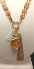 Vintage Beaded Necklace Tassel Opalite & Crystal Charm Pendant Sparkle Long 39″