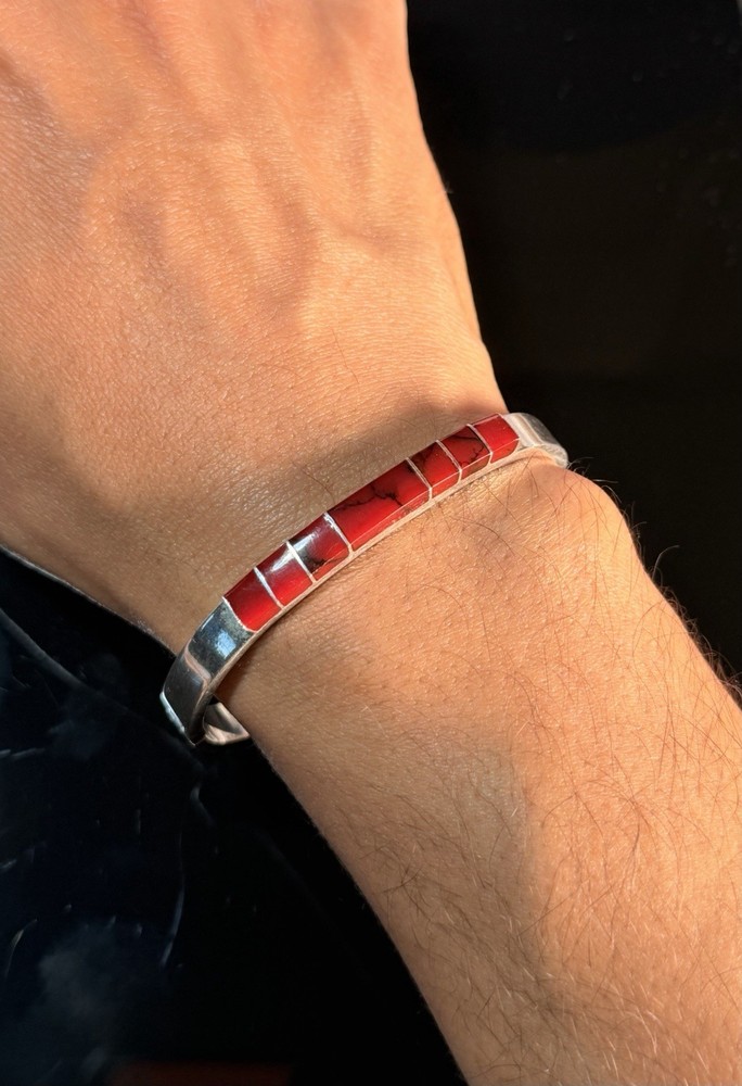 Vtg Red Jasper Inlay Sterling Silver Modernist BOHO Chic Hinged Bangle Bracelet