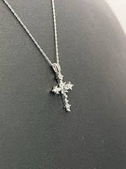 14KW Gold Small Cross, W/Round & tapered Baguette Mine Diamonds 18″ Rope Chain
