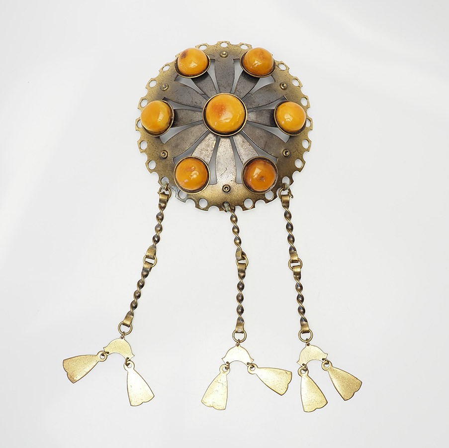 Latvia huge ethnic butterscotch Baltic amber dangles Sakta pin brooch