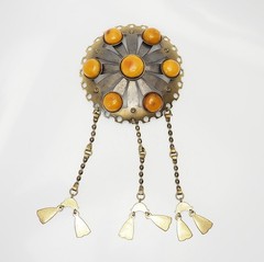 Latvia huge ethnic butterscotch Baltic amber dangles Sakta pin brooch