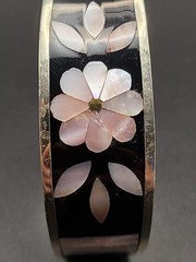 Alpaca Silver Black & Mother of Pearl Flower Inlay Cuff Bracelet