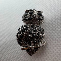 Vintage Black Crystal Owl Brooch Silver Tone Owl Pin Gift for Her