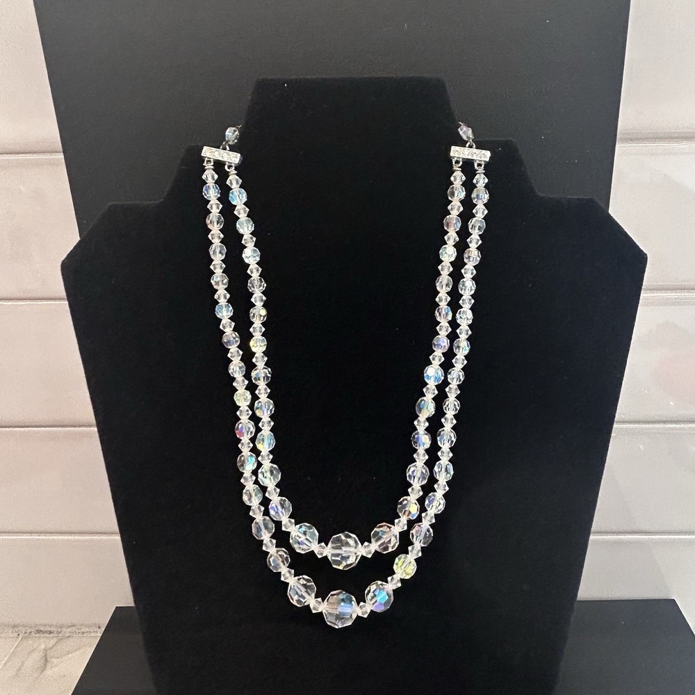 Vintage Art Deco Aurora Borealis 2 Strand Necklace, 14 Inch w/ 3 Inch Extender