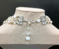 Vintage Japan Multi Strand Beaded Necklace Milk Glass Clear Champagne Pearl READ