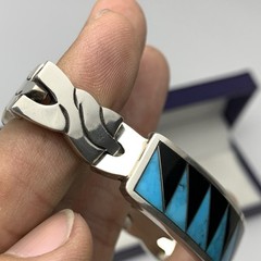 VTG Sterling Silver Turquoise Inlay TR-110 Mexico Hinged Link Bracelet