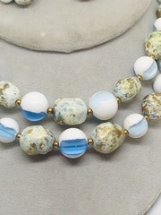 VTG 2-STRAND PASTEL BLUE/WHITE/GOLD NECKLACE-EARRING SET-W/EXTENDER-CLIP-ONS