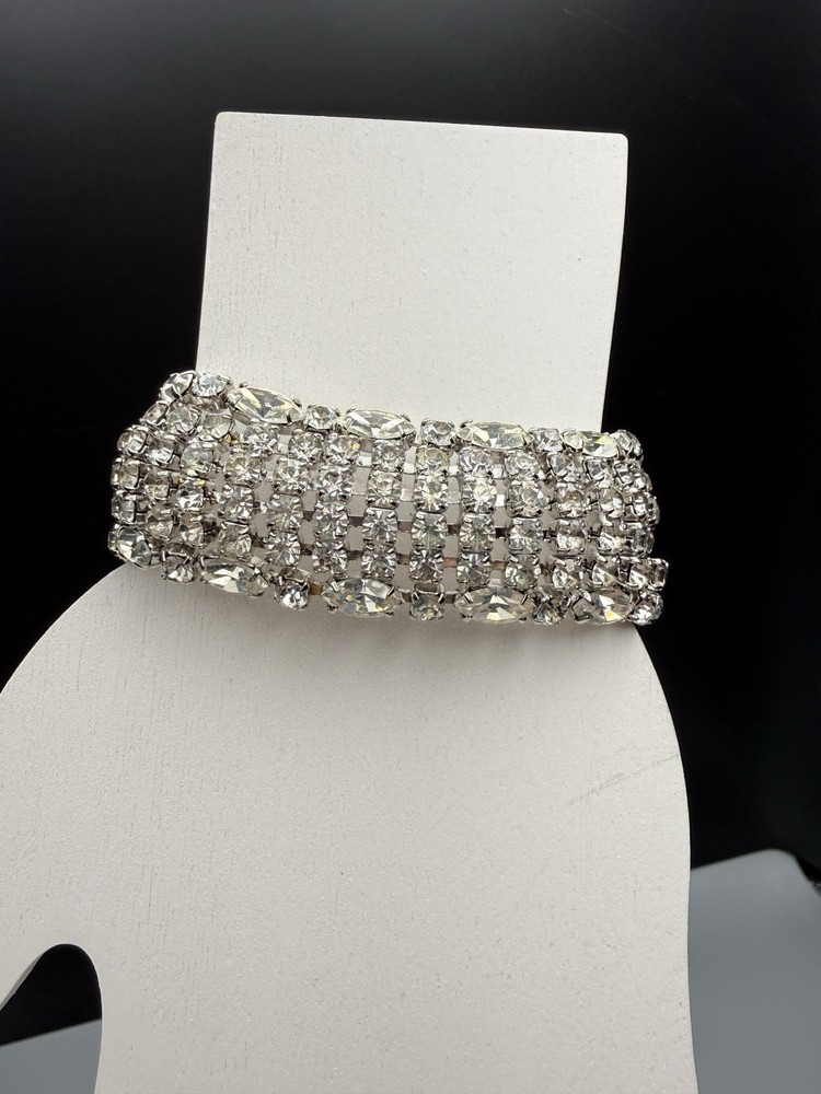 Weiss Rhinestone Bracelet Vintage Wide Dome 6 Row Large 7.75” Long 1 In Wide