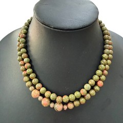 Vintage Necklace 2 Strand Green Pink Unakite Sterling Silver Closure 17 Inches