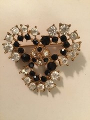 Lovely Vintage Signed M. JENT Black & Clear Rhinestone Pin/Brooch