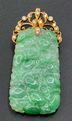 Vtg Chinese Apple Green Jadeite Jade Pendant w 14K Gold & Diamonds (AHB) 406