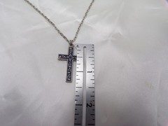 Vtg very nice silver tone chain w engraved blue cross necklace 747-14