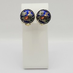 Cloisonné Small Butterfly & Flowers Round Blue Enamel Gold Tone Clip On Earrings