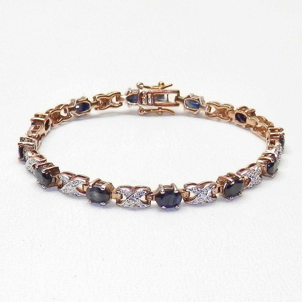 Vintage 925 Sterling Silver Gold Vermeil Dark Blue Stone Tennis Bracelet 6.75in