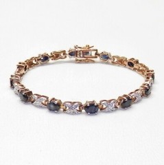 Vintage 925 Sterling Silver Gold Vermeil Dark Blue Stone Tennis Bracelet 6.75in