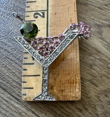 VTG Silver Tone Martini Brooch Green Pink Clear Rhinestones Cocktail Pin 2.0″