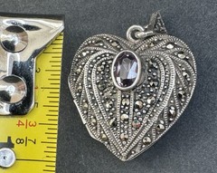 VINTAGE HEART LOCKET AMETHYST STERLING SILVER 925 PENDANT MARCASITE LOVE RETRO