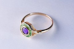 Art Deco Amethyst & Emerald Lab Created Diamond Wedding Ring 14K Yellow Gold FN