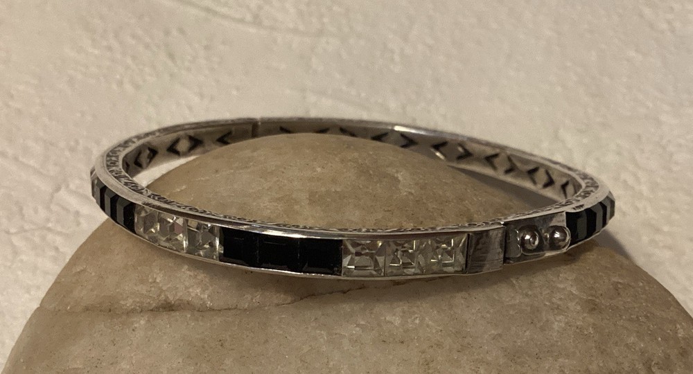 Art Deco Sterling Silver Bracelet Bangle Hinged Channel Set Rhinestones – 1920s