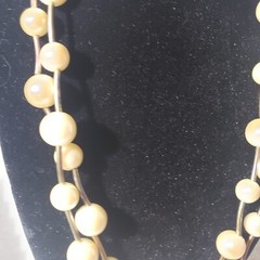Cream Faux-Pearl Metal Tube Beaded Double Strand Layered Necklace Unsigned