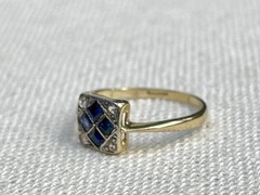 Art Deco 14K Gold And Platinum sapphire Ring Geometric Square Estate Size 5.5
