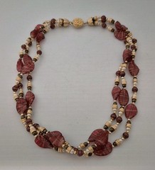 Vtg Estate Gold Foil Cranberry Leaf Pearl Glass Beaded Collar Necklace 3 Strand