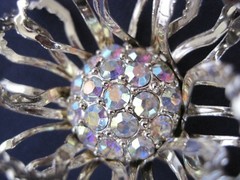 Flower Pin Silver Tone Aurora Borealis Rhinestones Stamped Name on Back