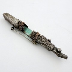 vintage Modernist reticulated sterling, bronze and tourmaline crystal bar brooch