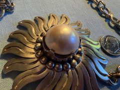 TAXCO MEXICO LPV VTG STERLING SUNFLOWER MABE PEARL BOLD STATEMENT NECKLACE 123g