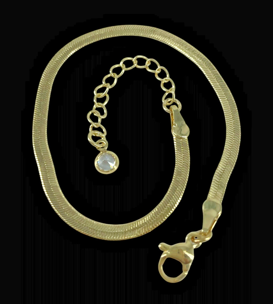 VTG Yellow Gold Plated 2mm Flat Herringbone Bracelet/Anklet Crystel charm Unisex
