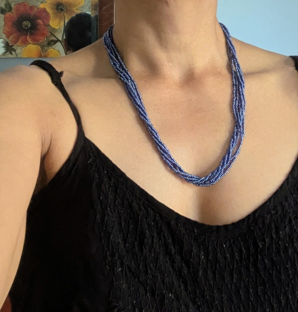 Natural Nepal Glass Seed Bead Multi Strand Necklace. Iridescent Peacock Blue 22″