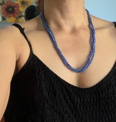 Natural Nepal Glass Seed Bead Multi Strand Necklace. Iridescent Peacock Blue 22″