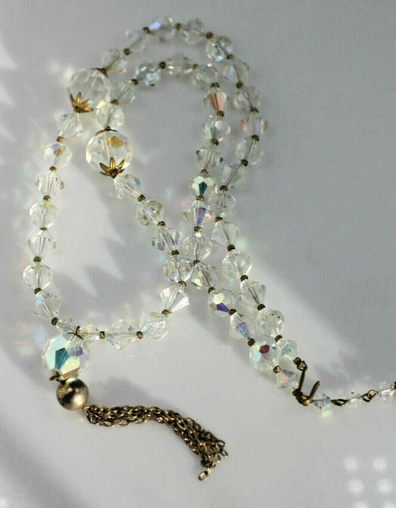Vintage gold tone heavy sparkl clear AB crystal cut glass tassel necklace 22-25″