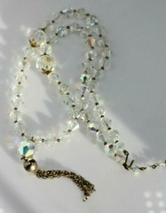Vintage gold tone heavy sparkl clear AB crystal cut glass tassel necklace 22-25″
