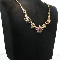 Vintage Barclay Signed Rhinestone Floral Bib Necklace Multicolor Statement