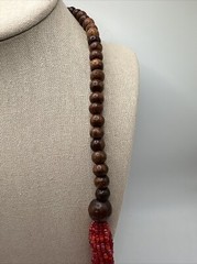 Vintage Red Glass Seed Bead Necklace Multi Strand with Wood Beads 34”