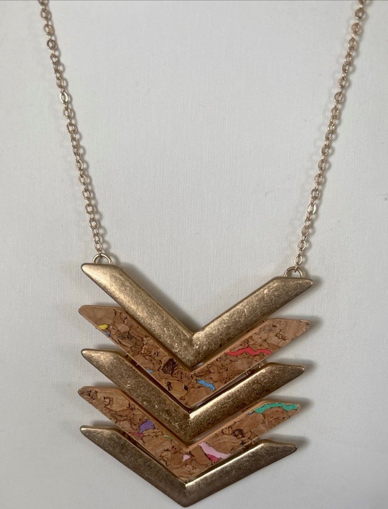VTG Long Modern Chevron Necklace Gold Geometric Layered Art Work Pendant