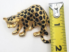Leopard Cheetah Cat Pin Arched Back Black Enamel Rhinestone Eyes