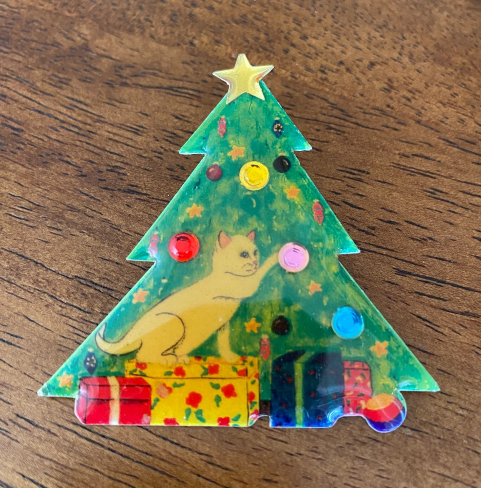 Vintage Christmas Tree Brooch Pin Cat Pawing Ornament Resin Rhinestones