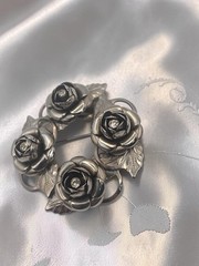 3 Piece Set Vintage Silver Tone Roses W Rhinestones Necklace Bracelet Brooch
