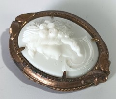 Vintage (Antique?) White Porcelain? Cameo Portrait Brooch in Brass? Frame